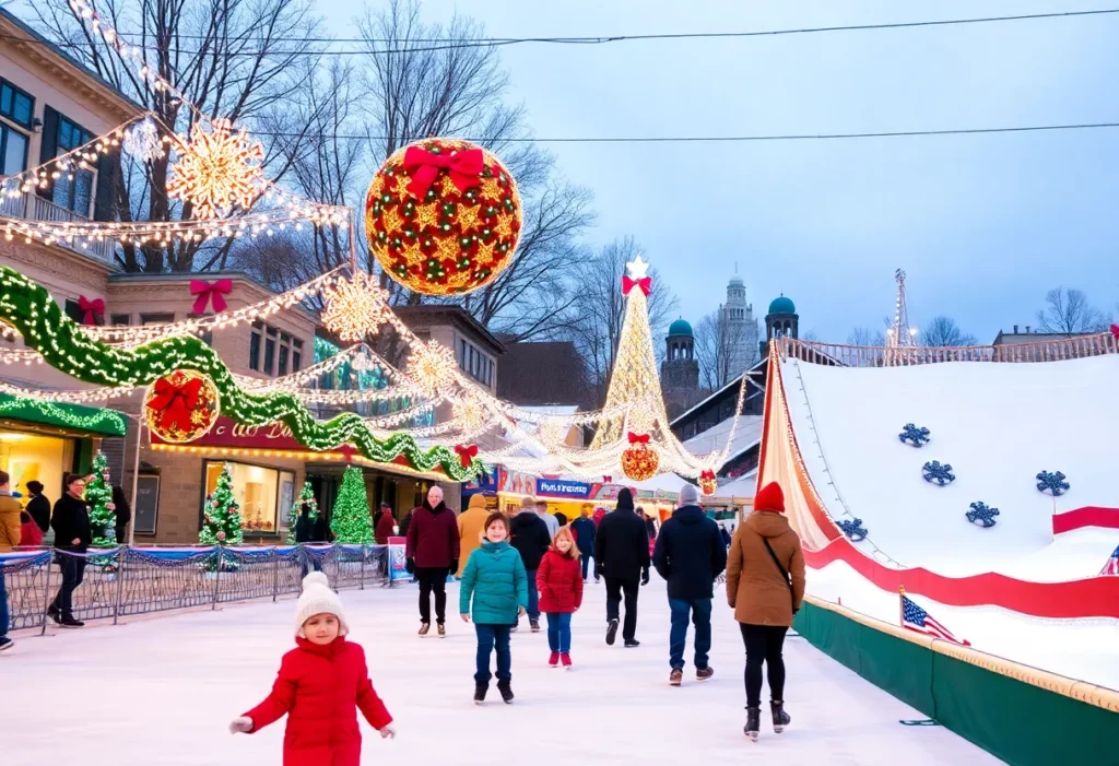 Families enjoying the Charlotte winter festival with ice skating and lights.