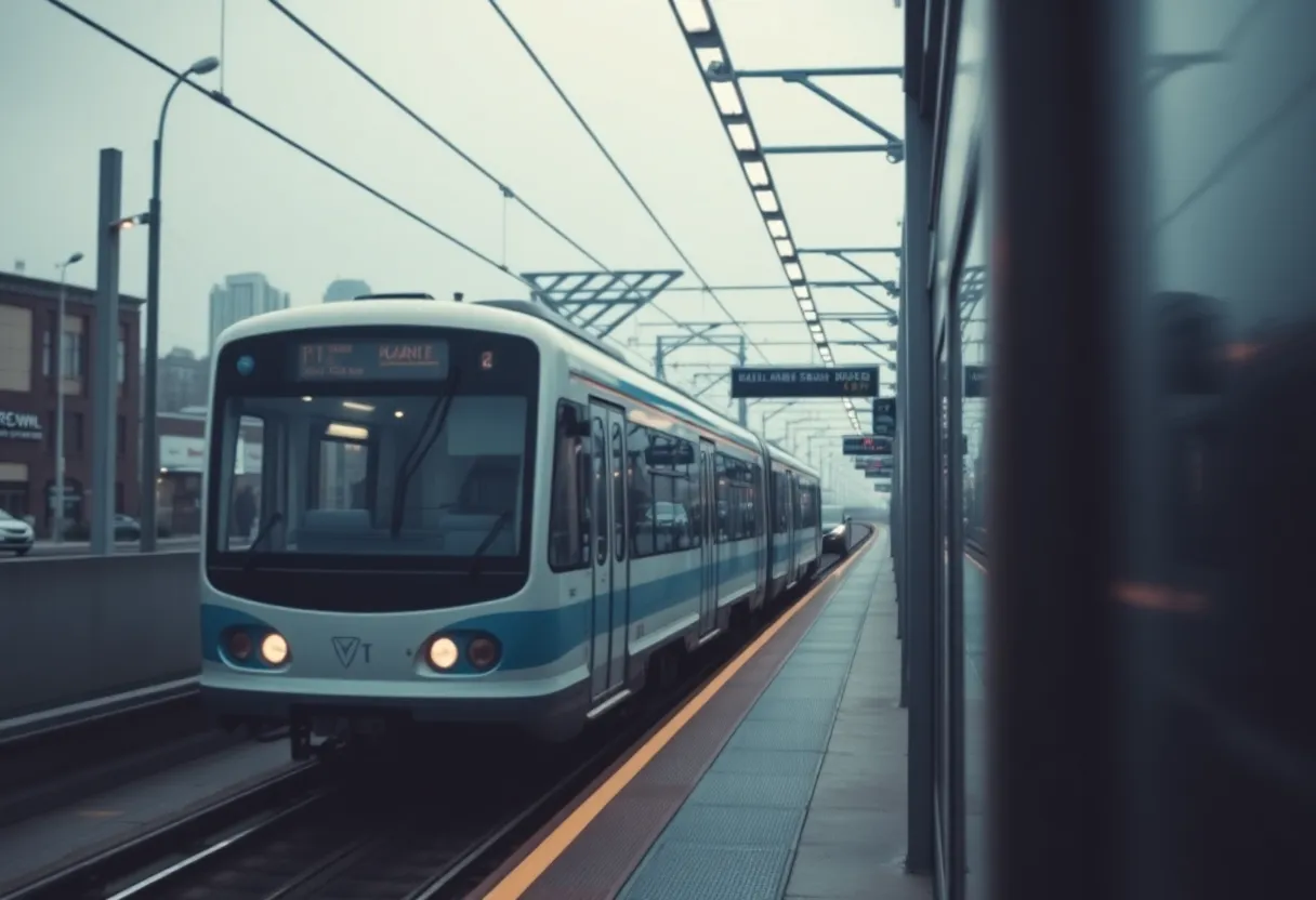 Light rail train in Charlotte with a focus on public safety.