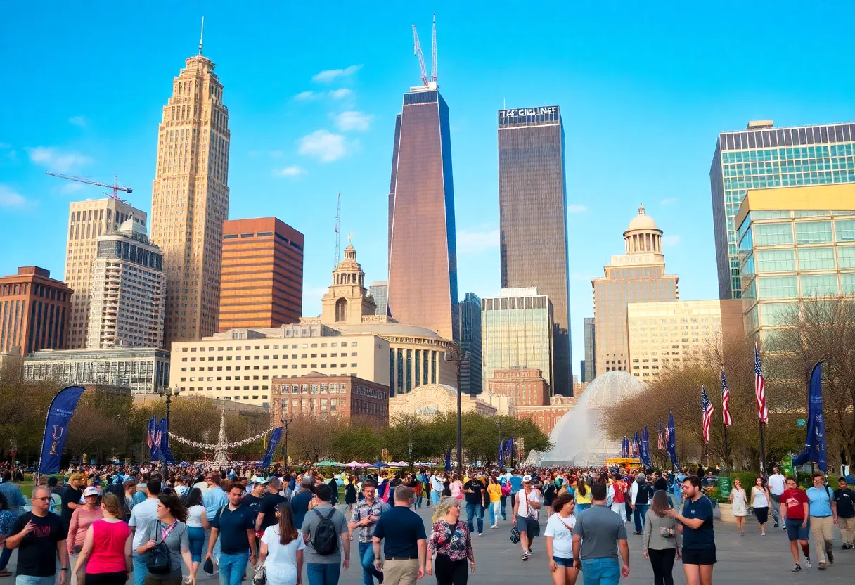 Vibrant cityscape of Charlotte NC with people enjoying attractions.