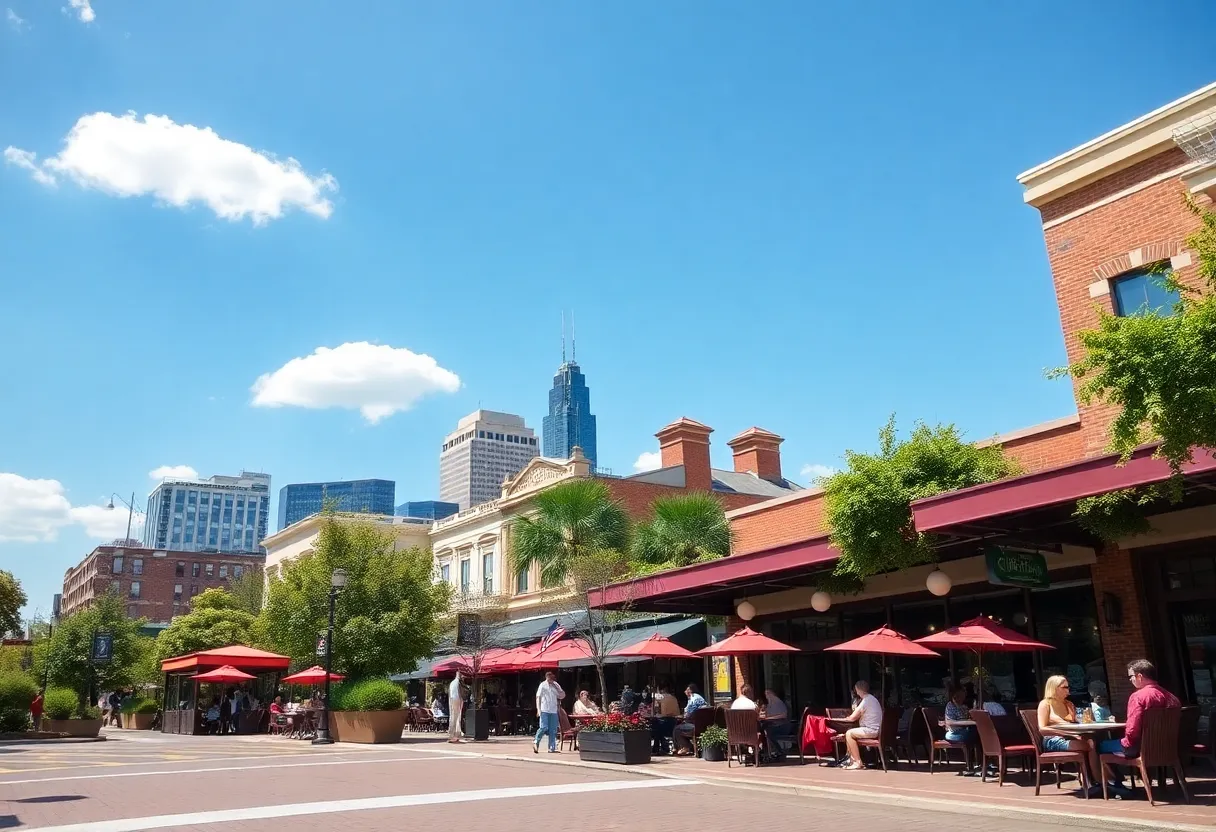 Clear skies in Charlotte NC with people enjoying outdoor dining