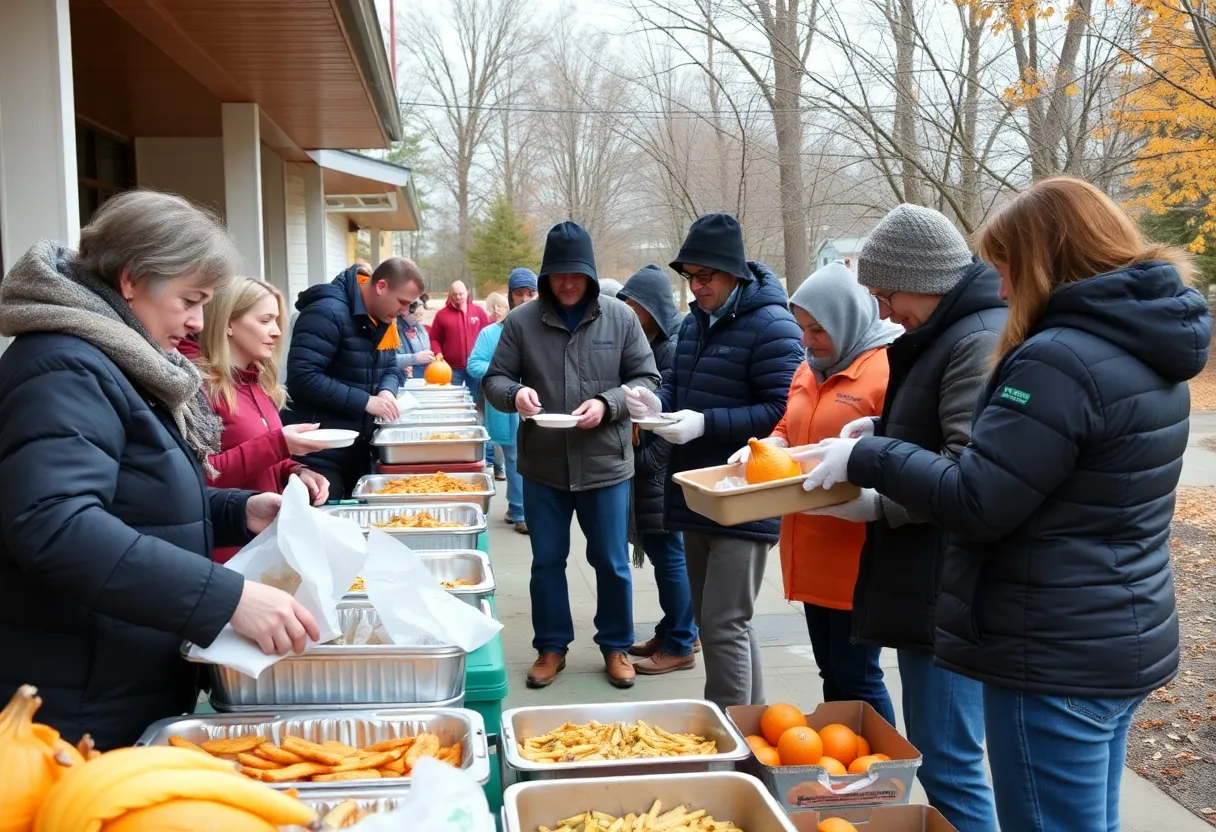 Volunteers serving food at Charlotte Rescue Mission's Thanksgiving event.