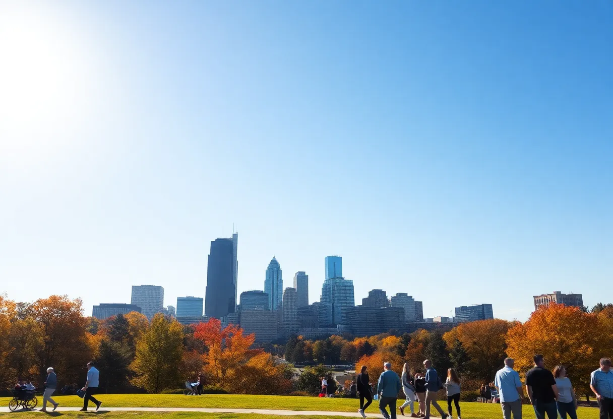 Charlotte skyline with warm sunlight and autumn colors