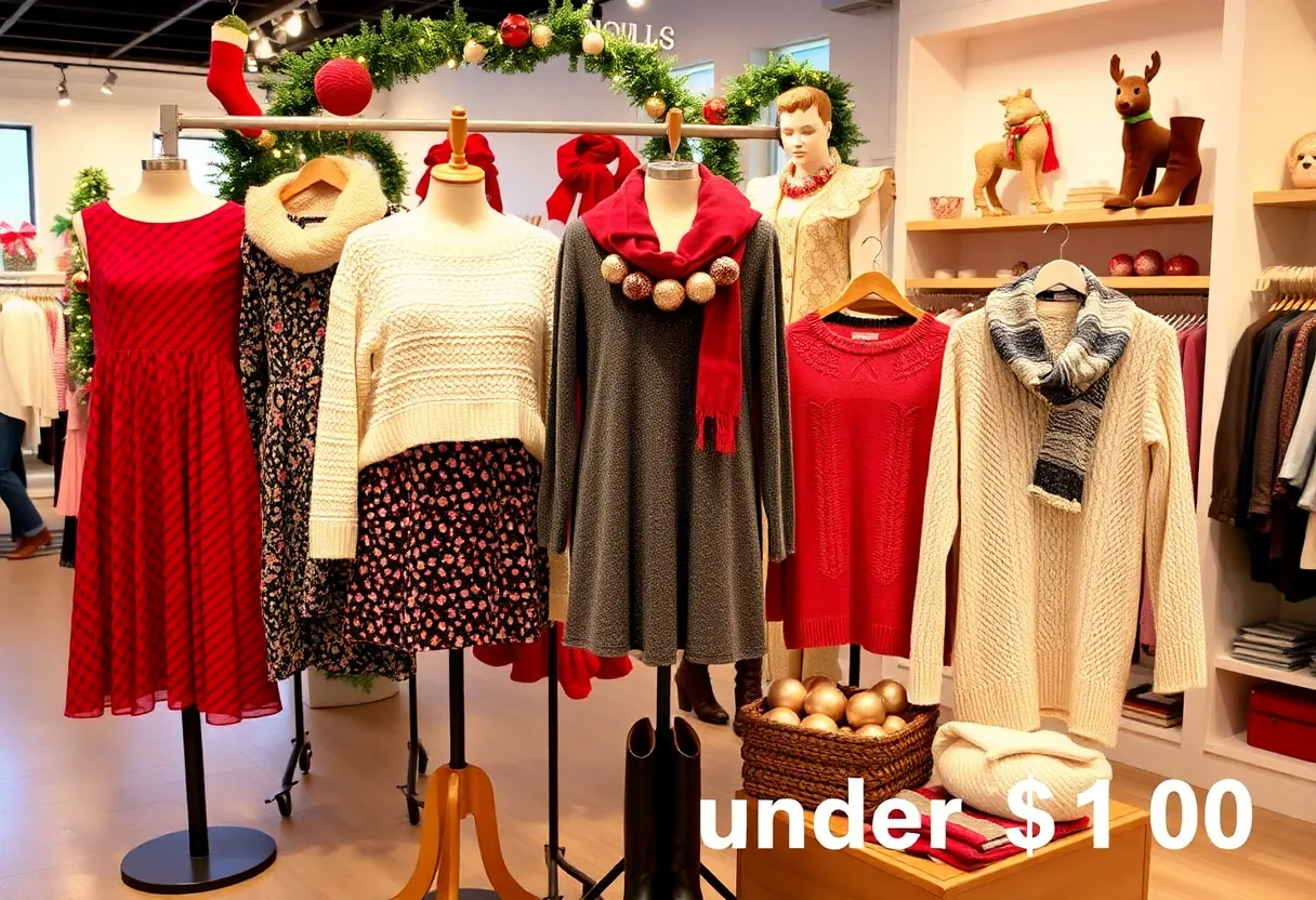 Display of stylish holiday fashion under $100 showcasing dresses, sweaters, and accessories.