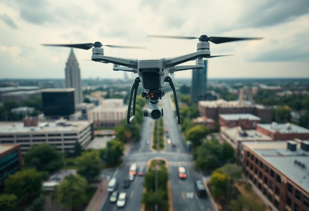 Police drone flying over Charlotte during emergency response