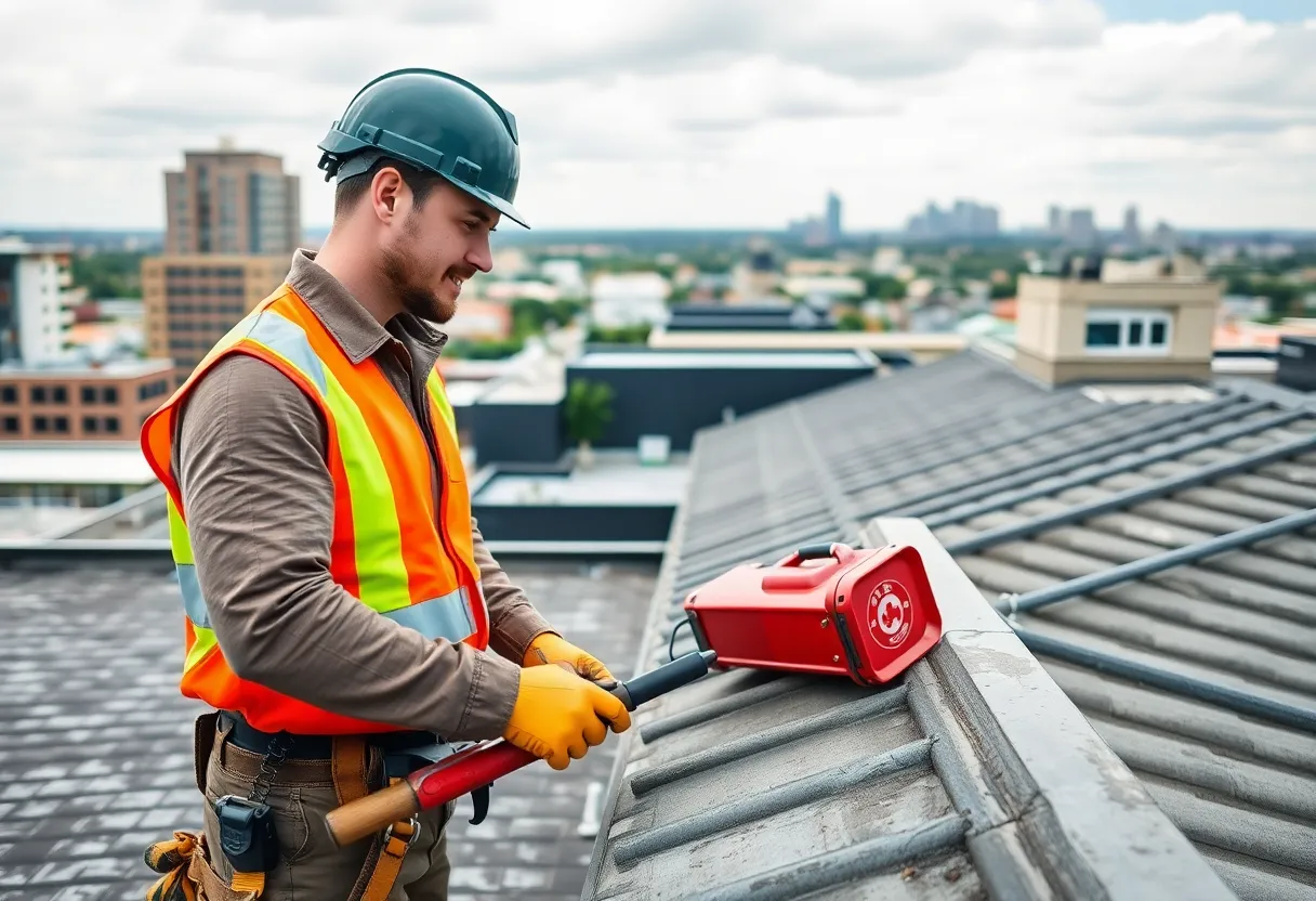 Roofing contractor evaluating commercial building roof