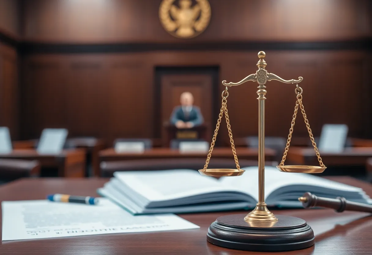 Courtroom with legal documents and scales of justice
