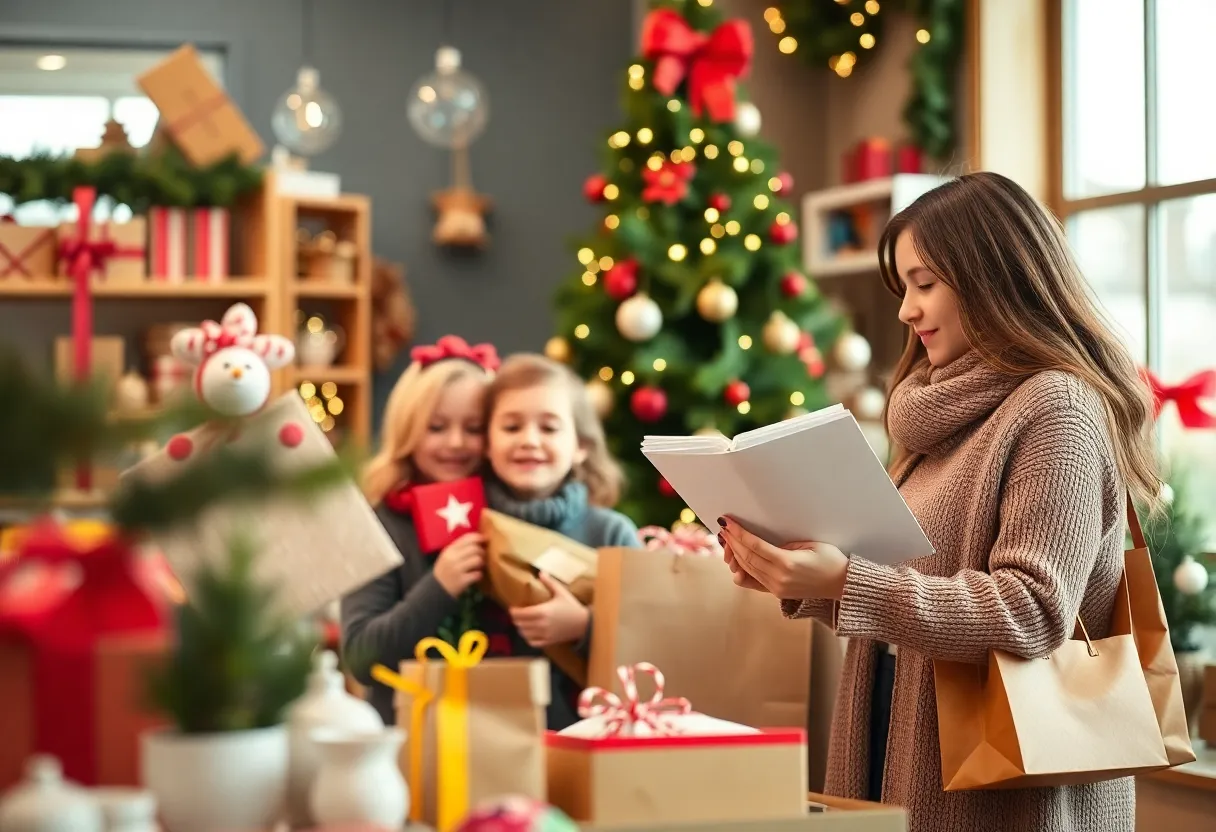 A family shopping for holiday gifts with a budget in hand.