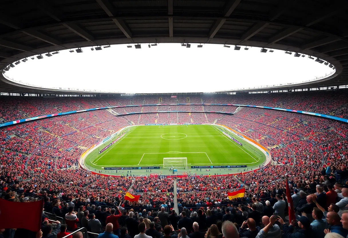 Aerial view of a stadium packed with spectators during a soccer match for the FIFA Women's World Cup.