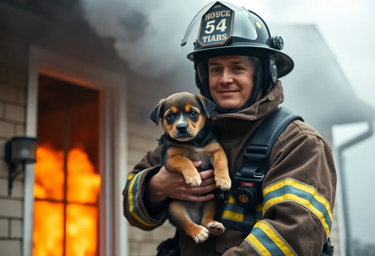 Firefighter saving puppy from house fire