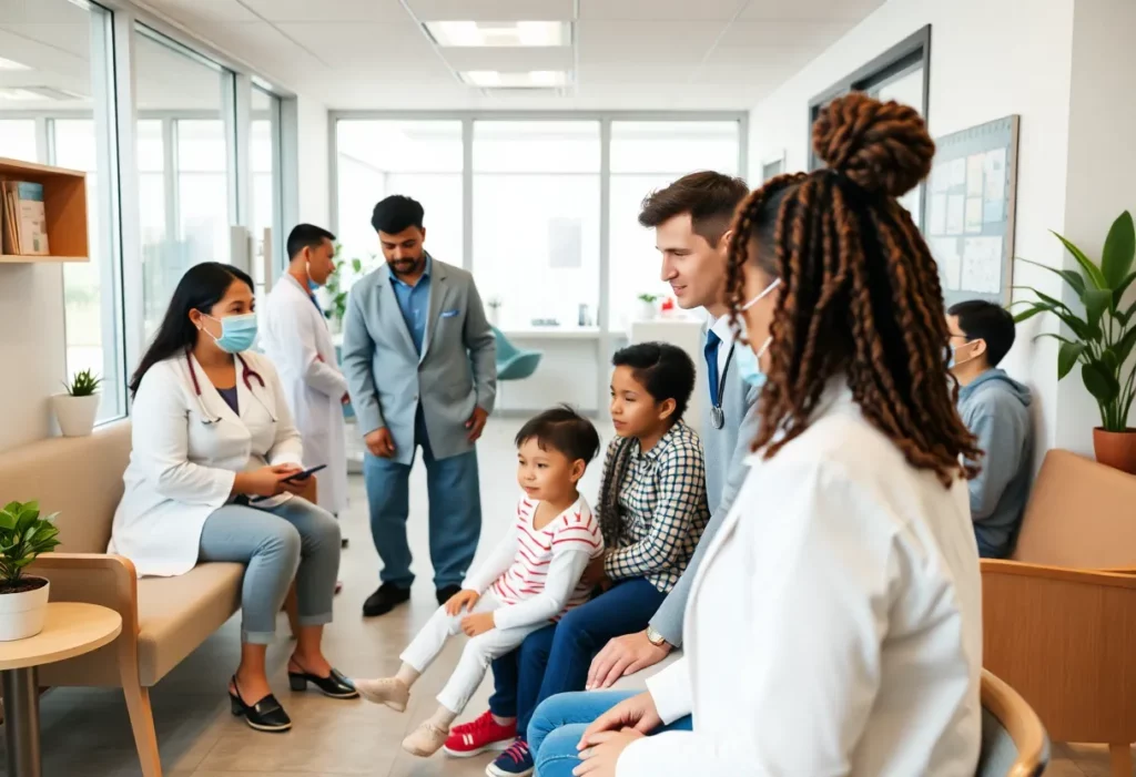 First Care Medical Clinic showcasing a diverse group of patients and medical professionals in a friendly healthcare setting
