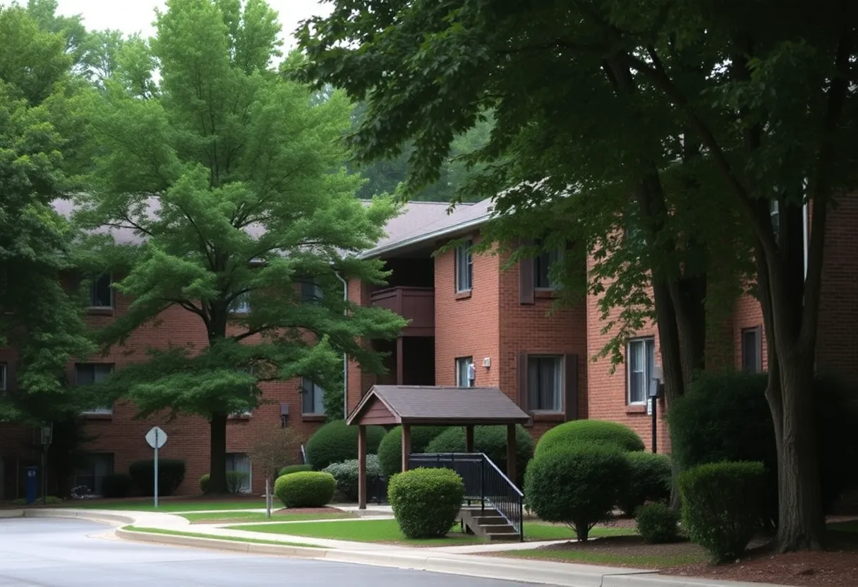 A view of a Greensboro apartment complex with security features.