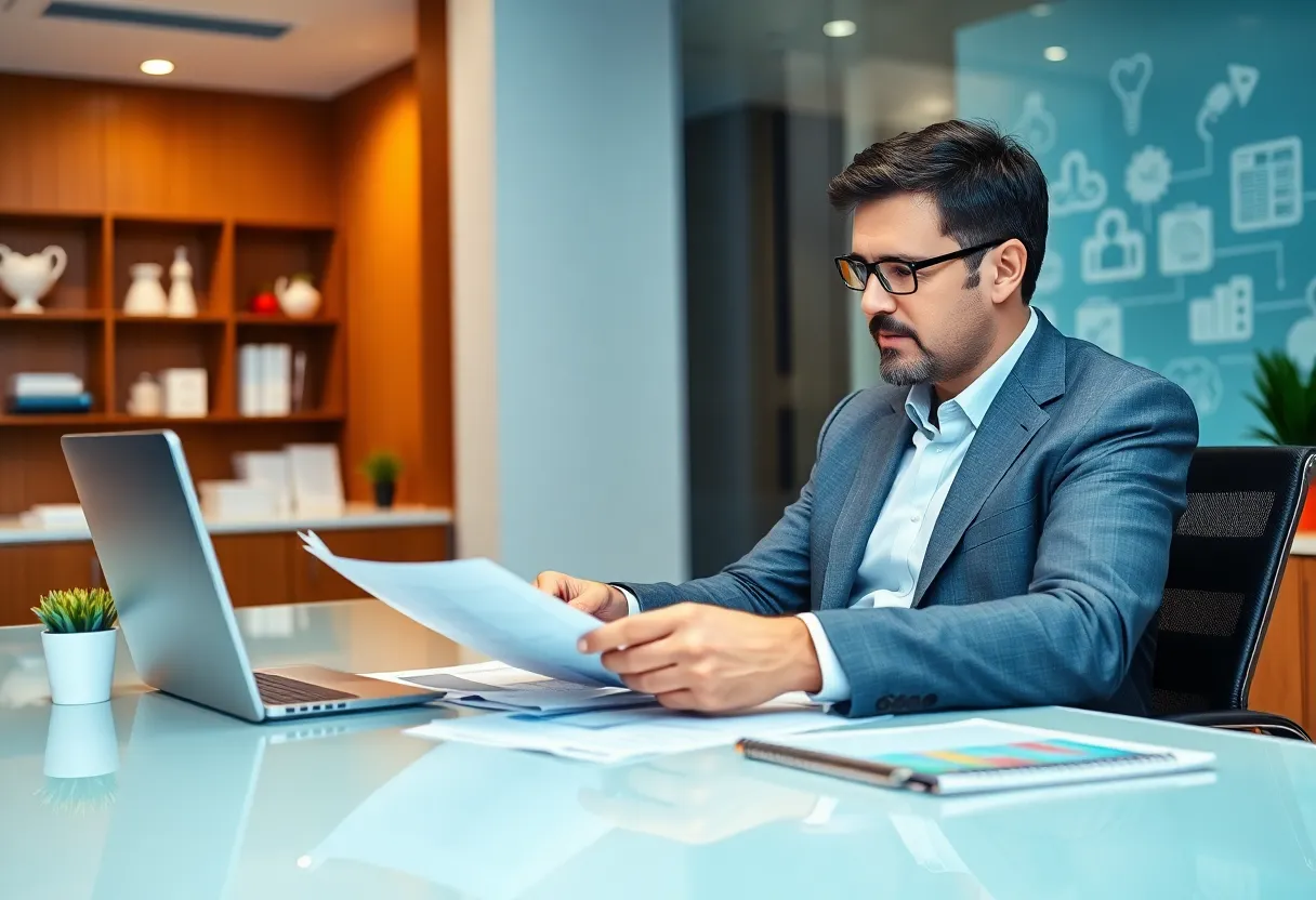 An executive analyzing reports in a healthcare context