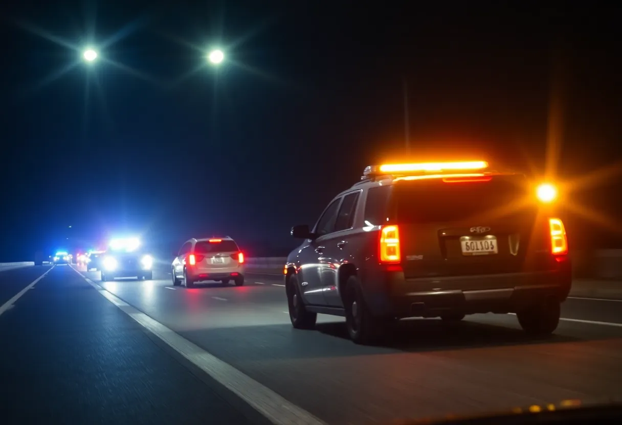 Police cars pursuing a suspected drunk driver on a dark highway