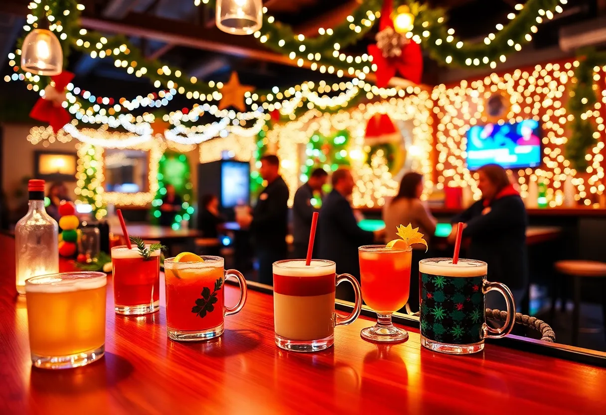 Holiday pop-up bar in Charlotte with festive decorations and cocktails