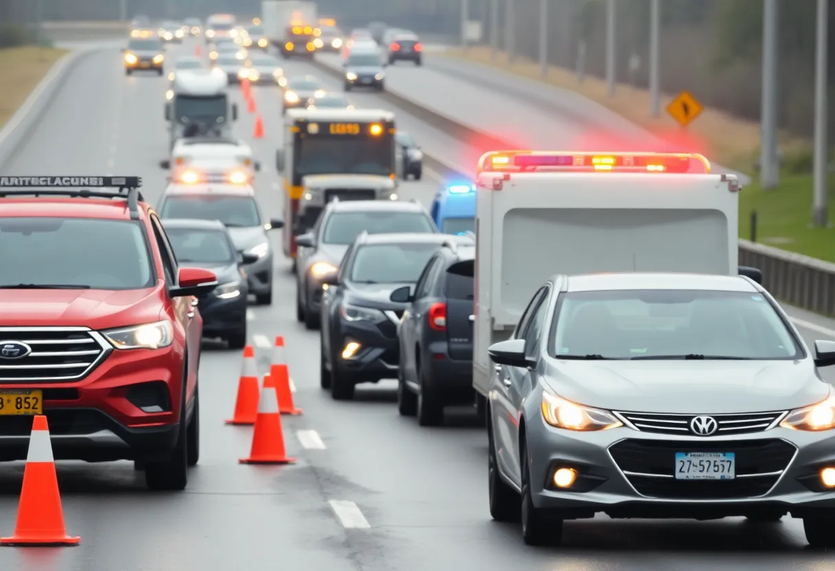 Scene of a traffic accident on I-485 with emergency vehicles responding.