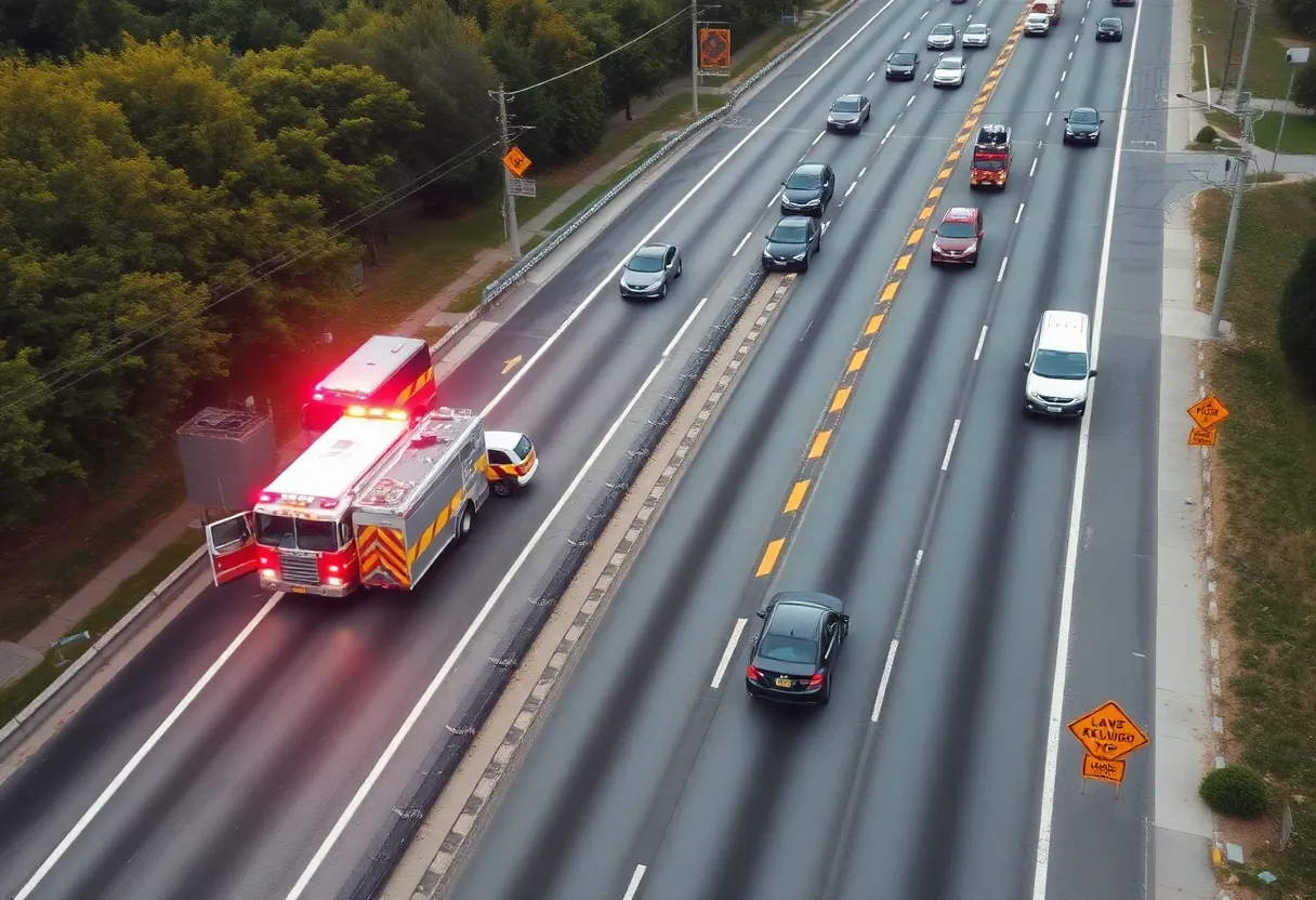 Aerial view of I-485 showing traffic congestion and emergency vehicles after a fatal crash