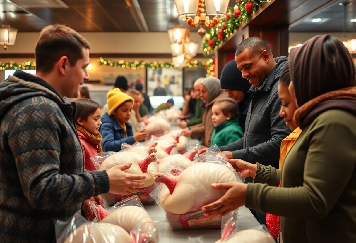 Families receiving free turkeys at LuLu's Express Big Turkey Pull Up event.
