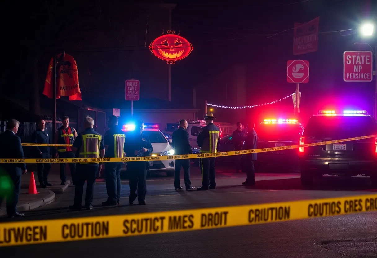 Emergency responders and police lights at the scene of the Halloween party shooting