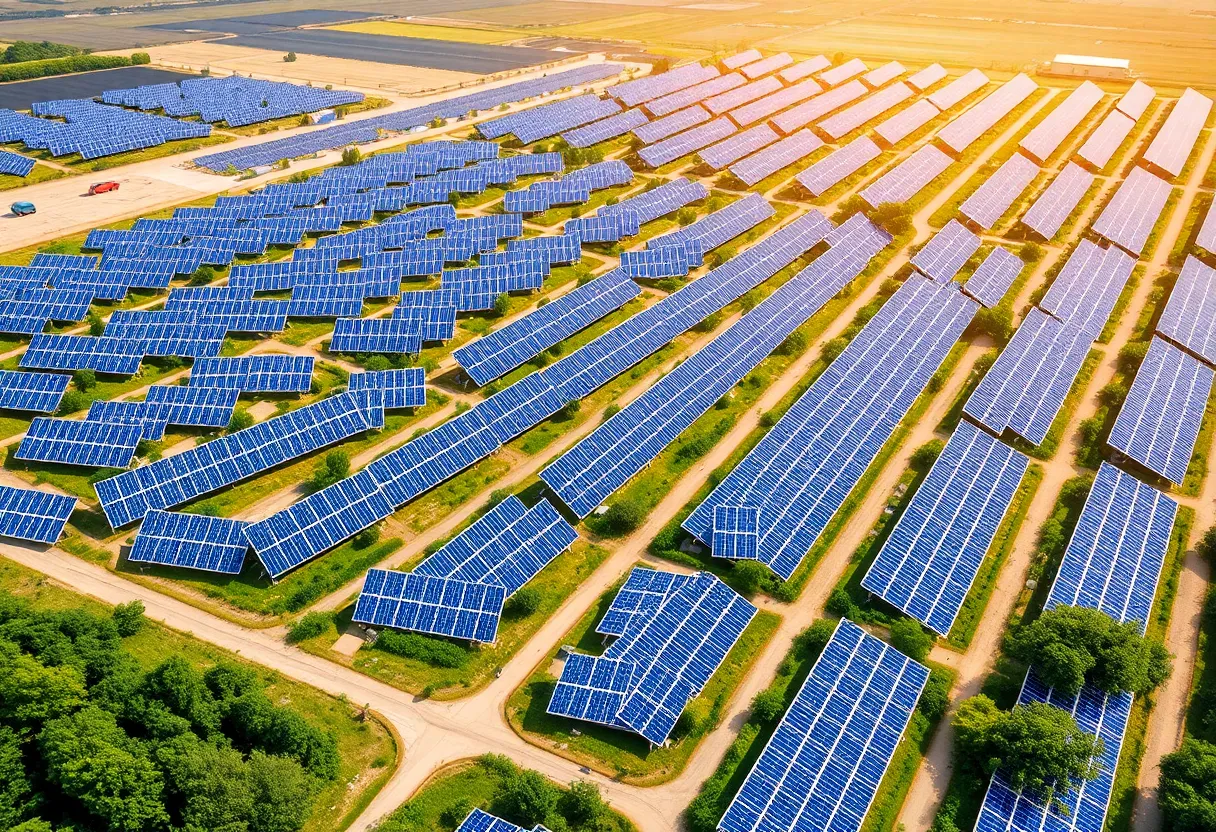 Solar energy facility in Monroe showcasing solar panels and greenery.
