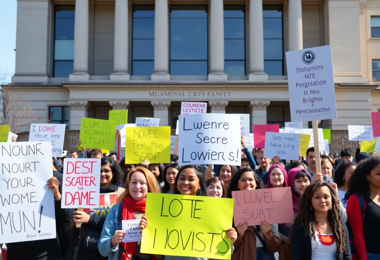Community rally in front of government building advocating for social justice