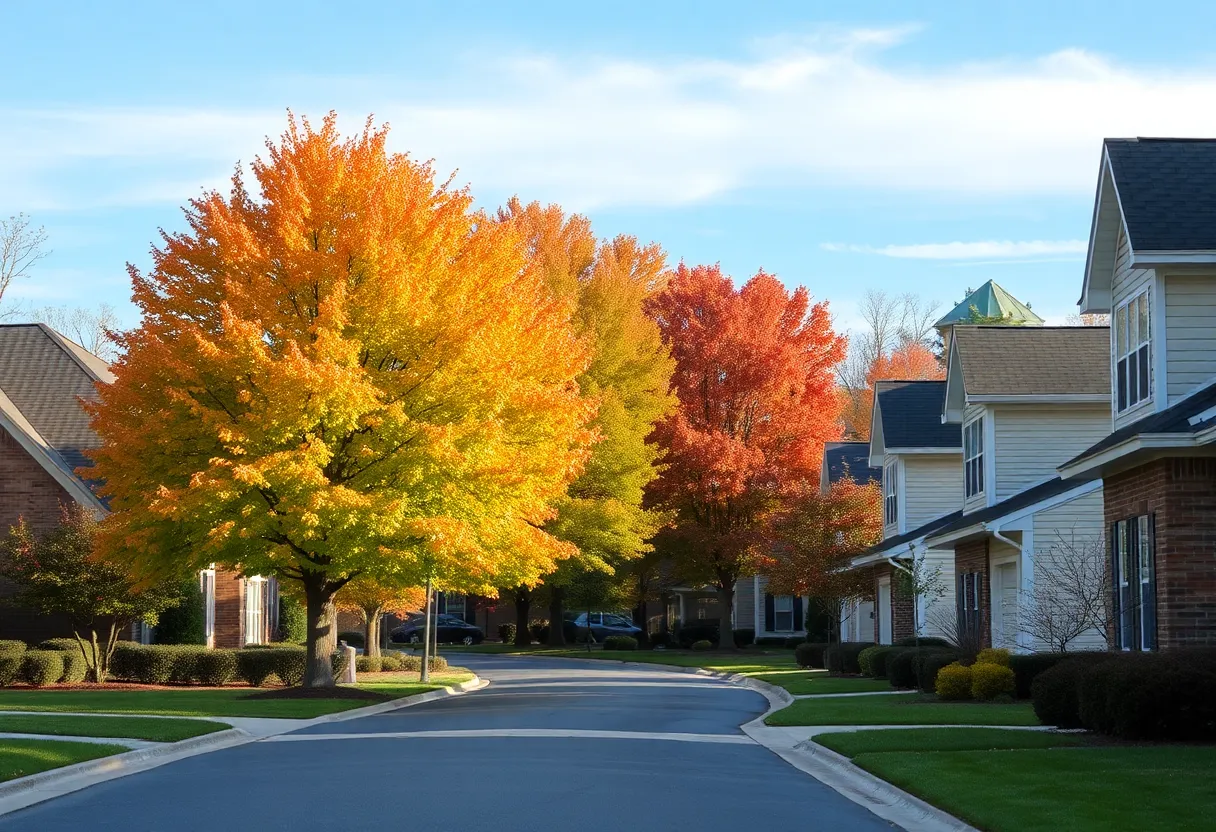 Suburban neighborhood in Matthews, NC with colorful autumn trees.