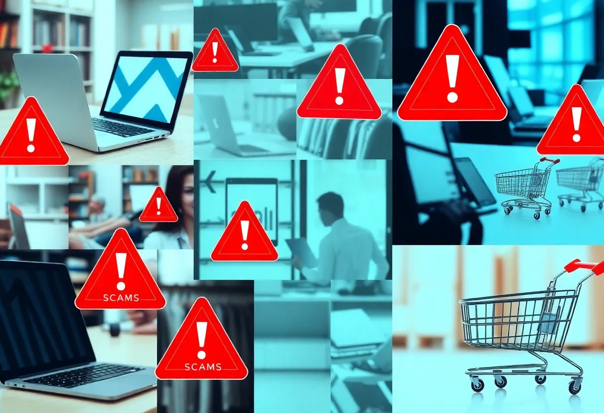 Collage depicting online shopping with warning signs for scams