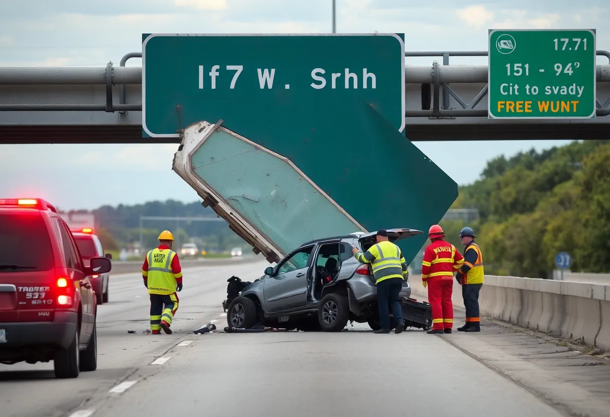 Collapsed overhead sign on I-77 South in Charlotte