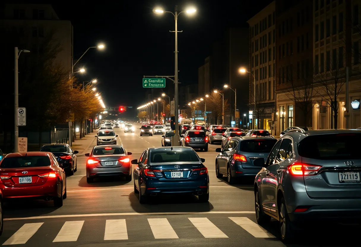 Busy night intersection with crosswalk and street lights