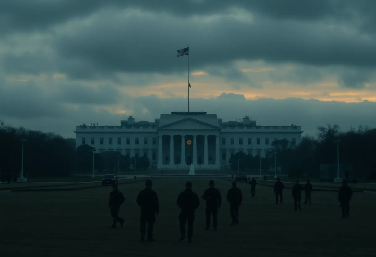 Silhouettes of military personnel at a military base with the Pentagon in the background.
