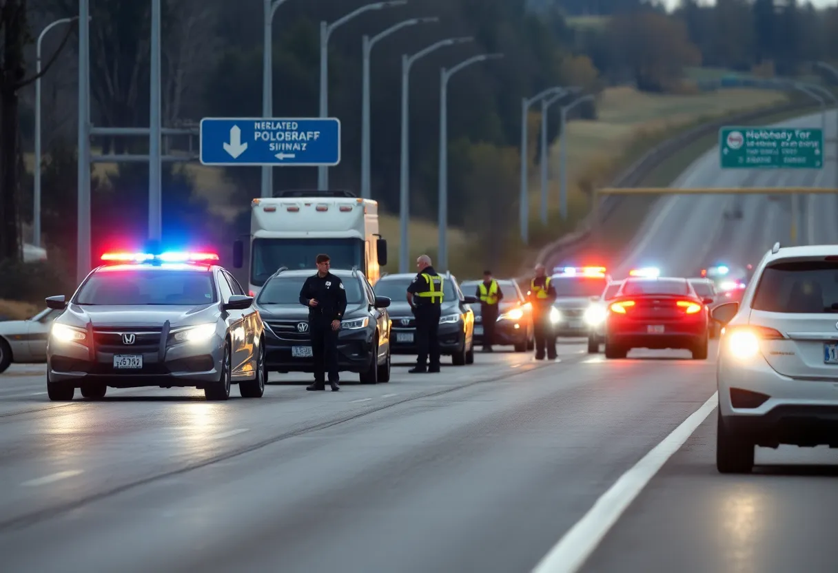 Police officers investigating the scene of a shooting on I-485