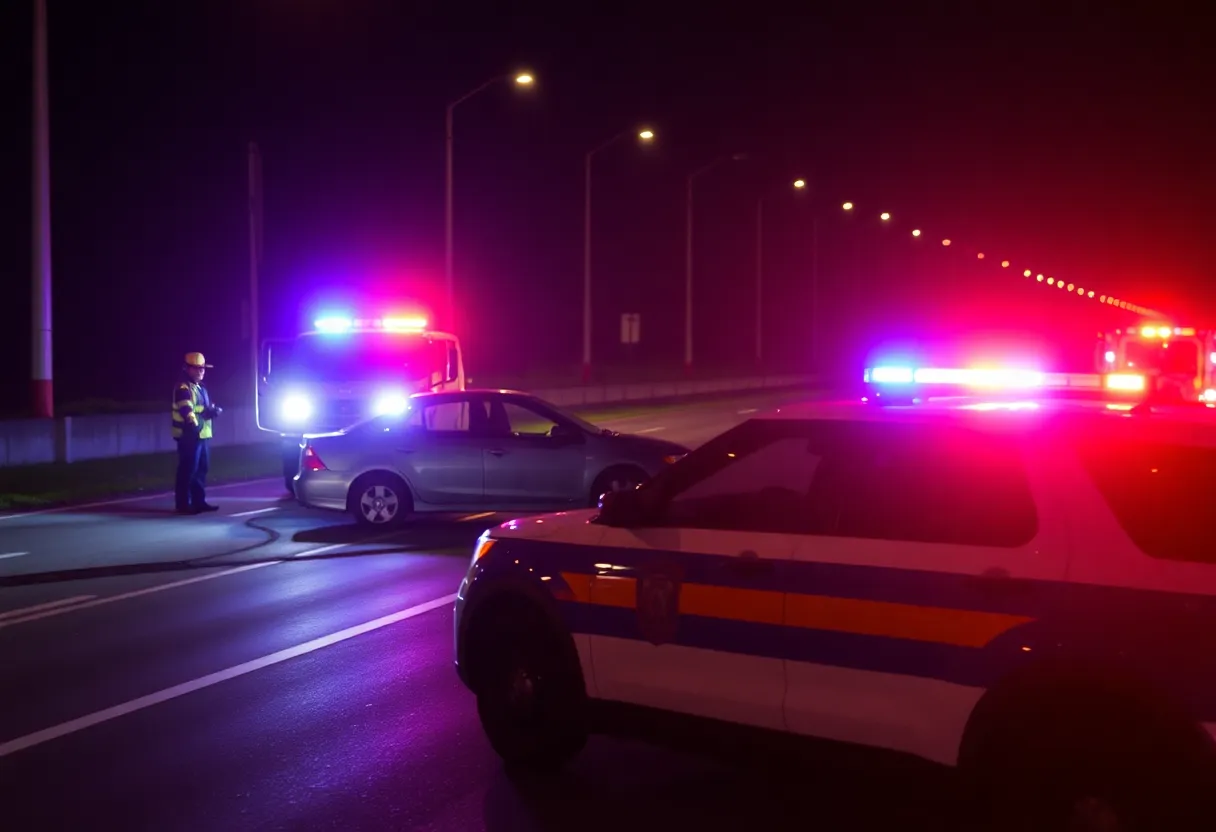 Police car with flashing lights at the scene of a crash in Concord, North Carolina.