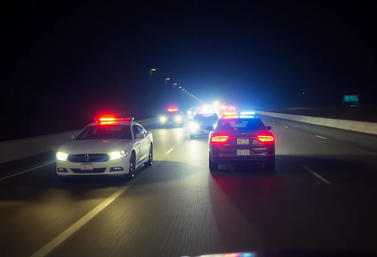 Police car in high-speed pursuit on a highway at night