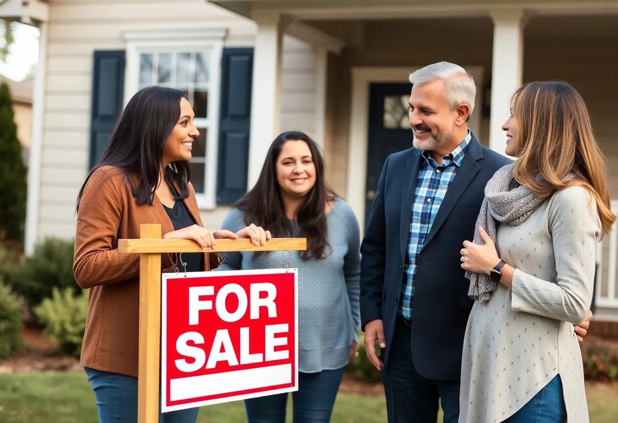 Real estate agent assisting a family in front of a house for sale in Charlotte, NC.