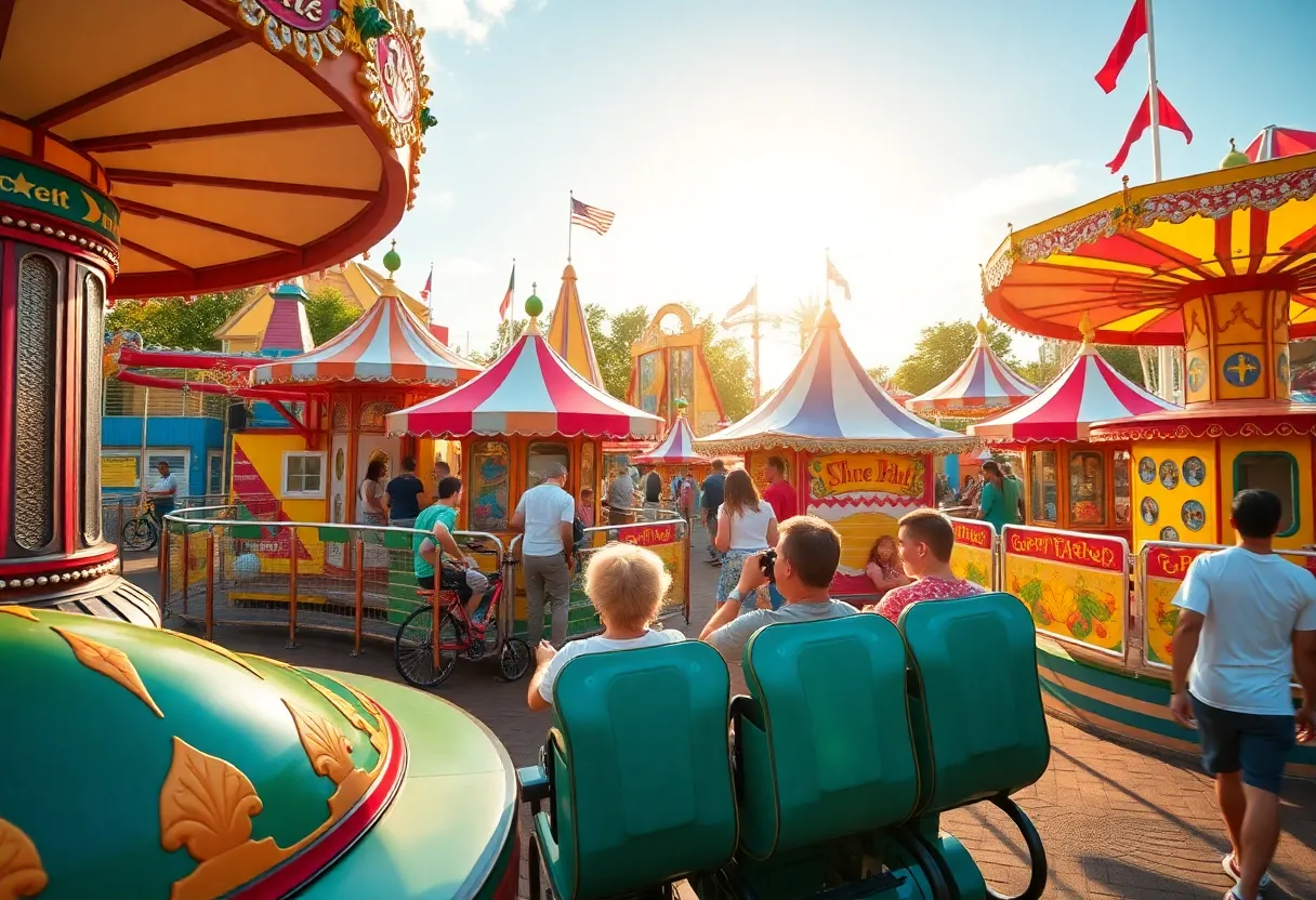 A lively theme park featuring rides, attractions, and visitors enjoying a fun day out.