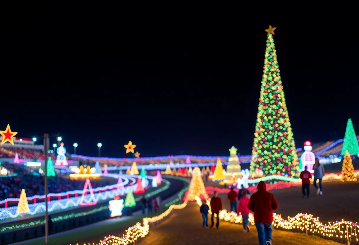 A spectacular holiday light show at Charlotte Motor Speedway with vibrant lights and families enjoying the event.