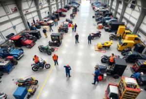 Employees at Speedway Motorsports collaborating in a motorsports facility.