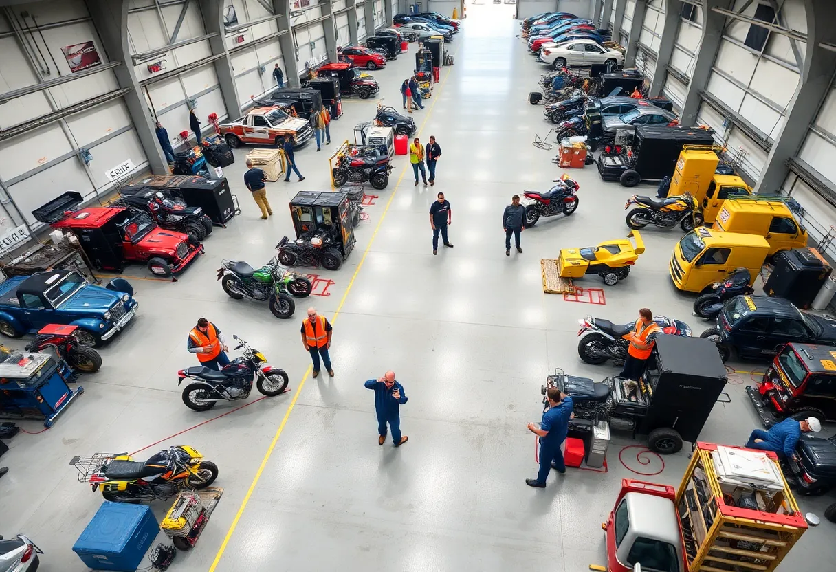 Employees at Speedway Motorsports collaborating in a motorsports facility.