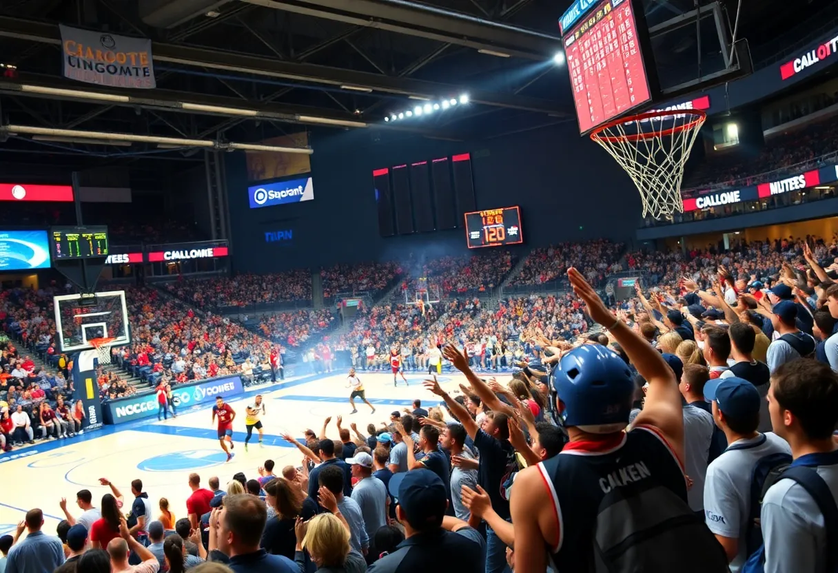 A collage of sporting events in Charlotte NC depicting basketball, hockey, and football.