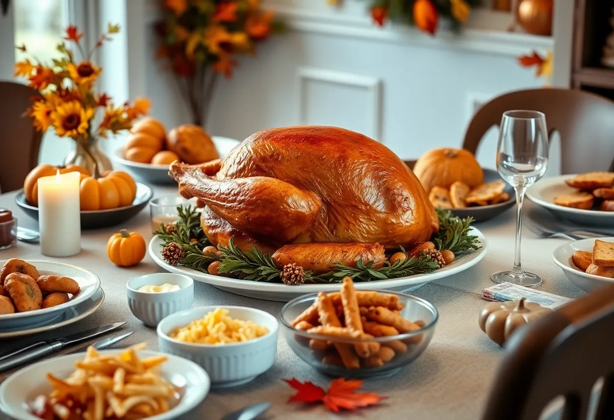 A budget-friendly Thanksgiving dinner table setup with traditional dishes