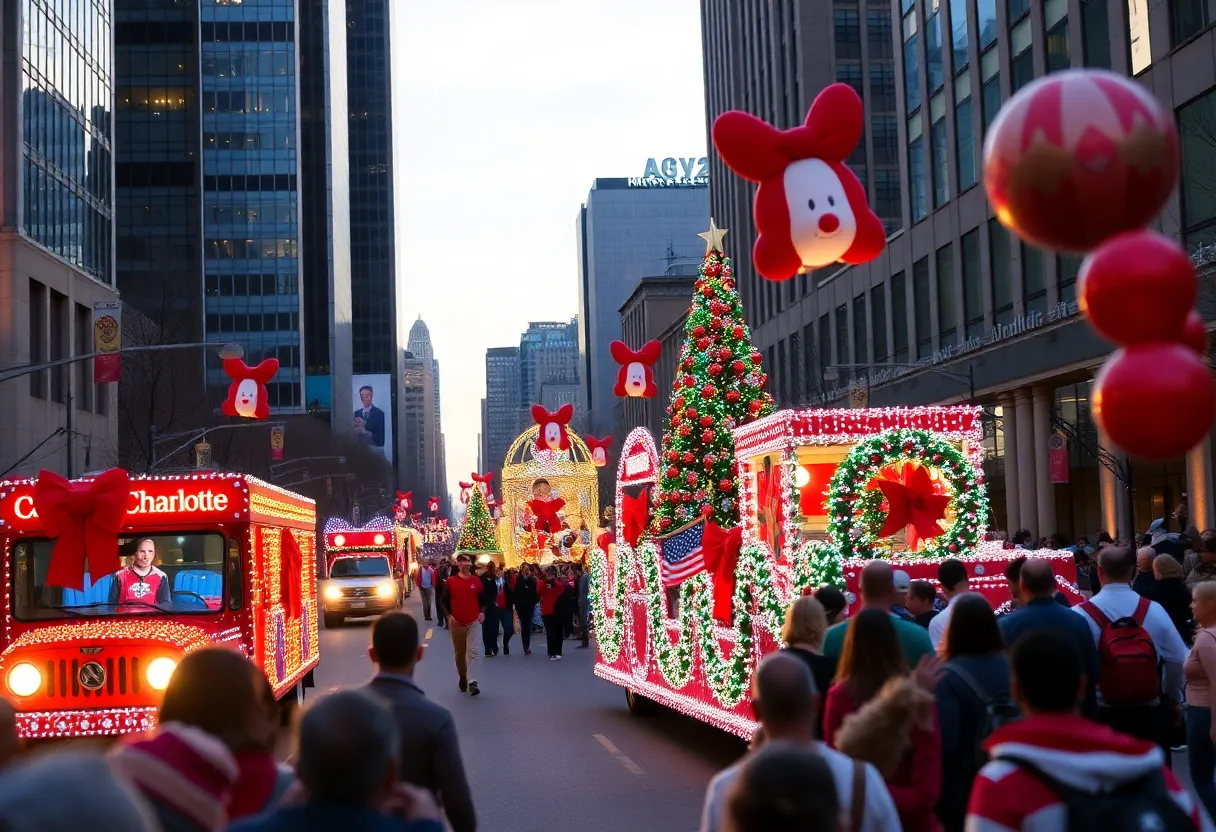 Crowd enjoying the Thanksgiving Eve Parade with colorful floats in Uptown Charlotte