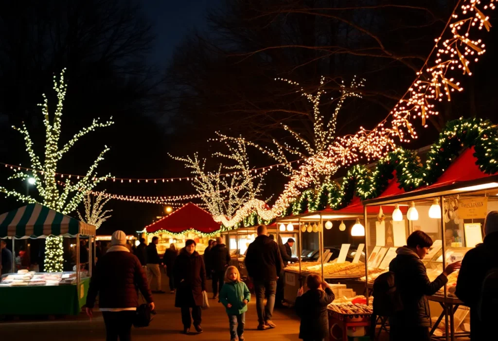 Families enjoying Thanksgiving events in Charlotte, NC with holiday lights and decorations