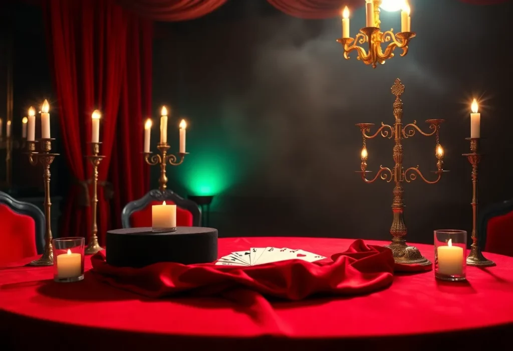 Elegant magic show table setting with red velvet decor.