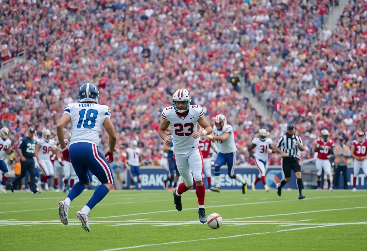Football players on the field during a tense moment in a game