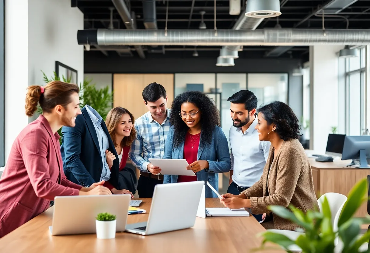 Employees collaborating in a modern office environment at Volta Insite