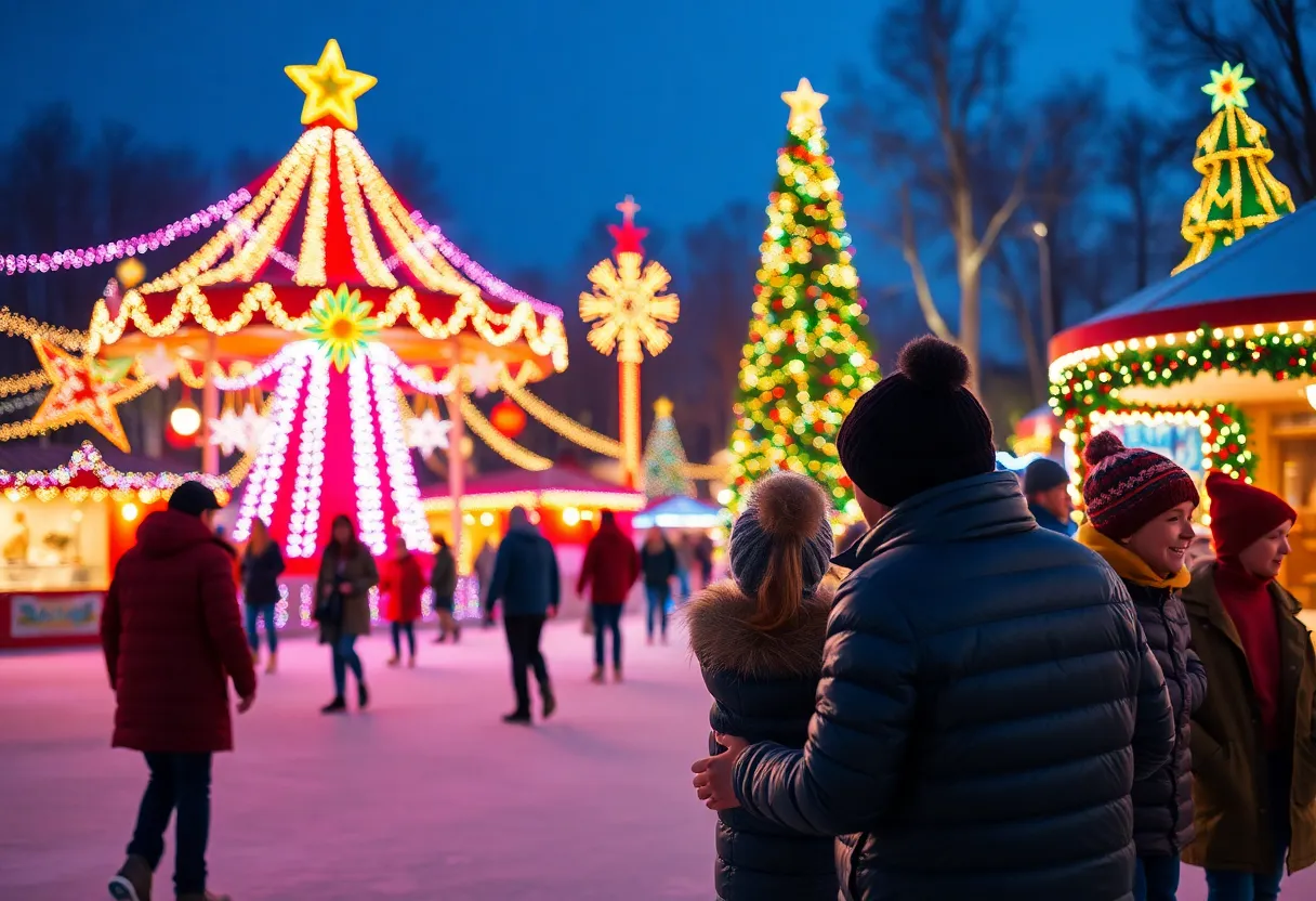 Families enjoying WinterFest at Carowinds with holiday lights