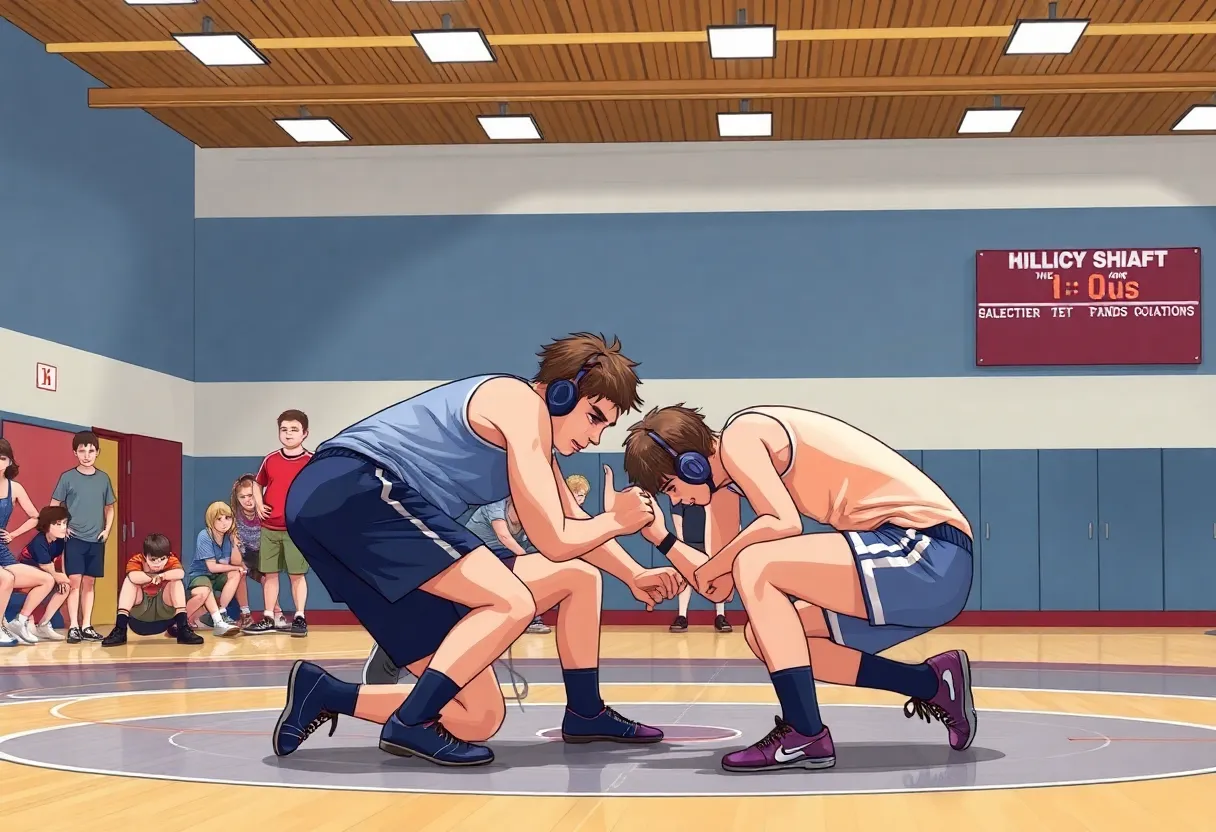 High school students engaged in a wrestling practice session.