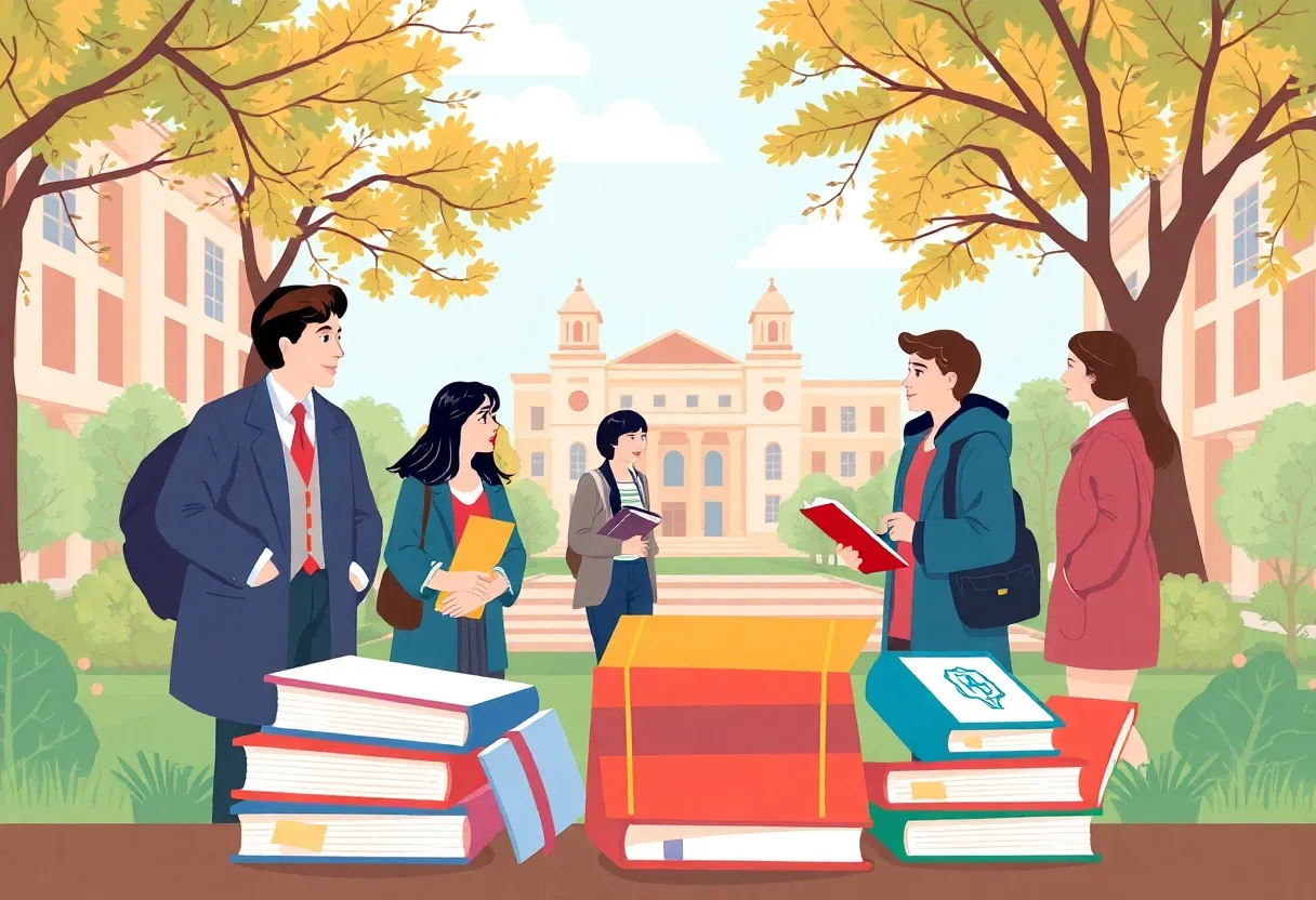 Faculty and students discussing academic freedom on a university campus.