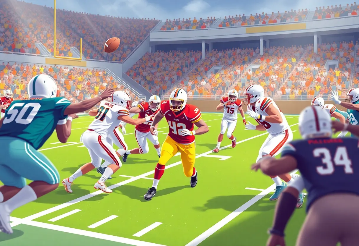 College football teams playing in a stadium during a game