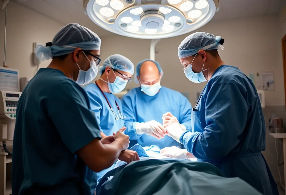 Healthcare professionals in a hospital performing surgery.