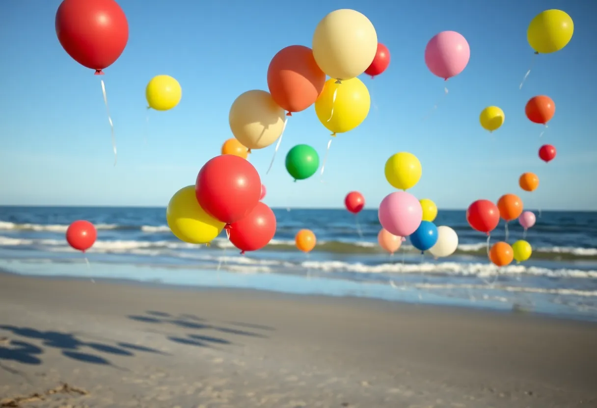 Colorful balloons in the sky over a North Carolina beach, symbolizing legislative discussions on balloon releases.